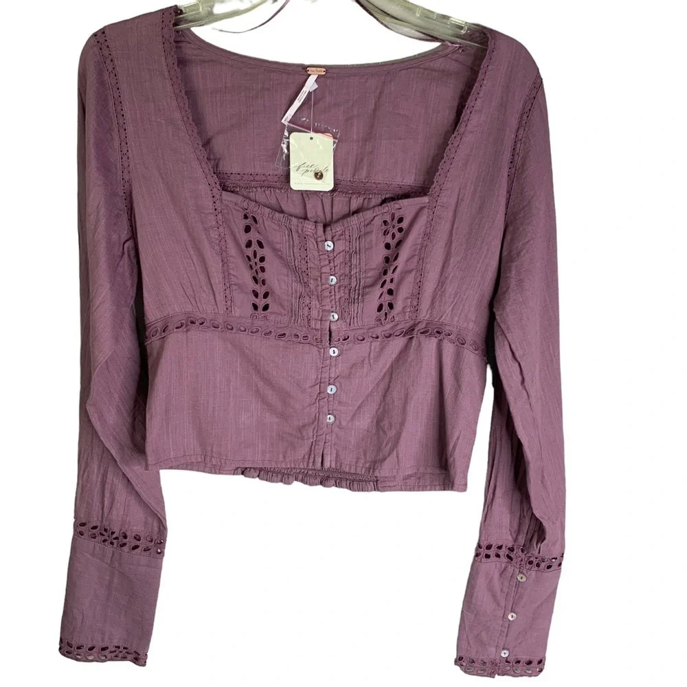 Free People Dusty Mauve Sweetheart Neckline Tiny Button Front Top Small NEW +Tag